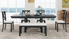 TOPMAX Farmhouse 82inch 6-Piece Extendable Dining Table with Footrest, 4 Upholstered Dining Chairs and Dining Bench, Two 11"Removable Leaf, Black+Beige Cushion (old sku: SP000023AAB)
