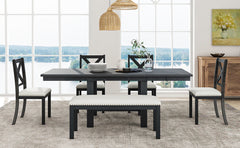 TOPMAX Farmhouse 82inch 6-Piece Extendable Dining Table with Footrest, 4 Upholstered Dining Chairs and Dining Bench, Two 11"Removable Leaf, Black+Beige Cushion (old sku: SP000023AAB)