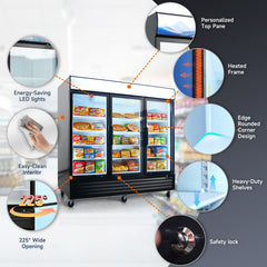 Glass Door Merchandiser Freezer 70 Cu.ft Swing Door Commercial Reach-In Display Freezers with LED Top Panel Upright Freeze Storage
