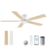 52 in. Smart Outdoor Indoor White Ceiling Fan with LED Lights, Remote, Voice Control via Alexa, Dimmable, 6 speeds