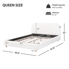 Queen Size Platform Bed with Boucle Fabric, Boucle Fabric Upholstered Platform Bed with Curve-Shaped Design Headboard, White, Easy Assembly