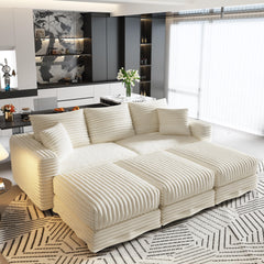 82.7 "Plush Corduroy 3-Seat Sofa,Modern Comfy Upholstered Sofa Cloud Couch,Deep Seat Couches with Soft Pillows and 3 Ottomans,Convertible Sofa Lounge Chair,for Living Room,Apartment,Office,Beige/White