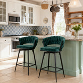 Two rotating bar stools with breathable cotton and linen soft cushions, in a retro green seat and black spray-painted iron frame, suitable for both restaurants and bars