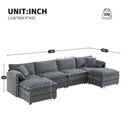 136" Chenille Modular Sectional Sofa with Deep and Wide Seat,U Shaped Cloud Couch Set with Double Cushions,6 Seat Sofa with Movable Ottoman,Oversized Indoor Furniture for Living Room&Apartment
