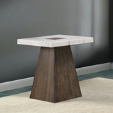 Square End Table Contemporary Style Wooden Base Marble On Top Tapered Dark Walnut And White Finish