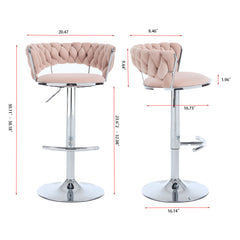 Set of 2 Bar Stools,with Chrome Footrest and Base Swivel Height Adjustable Mechanical Lifting Velvet + Chrome Leg Simple Bar Stool-PINK