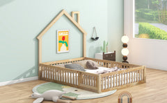 Wood Full Size House Platform Bed with Guardrail, Natural
