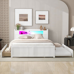 Queen Size Wood Storage Platform Bed with LED, 2 Drawers and 1 Twin Size Trundle, White