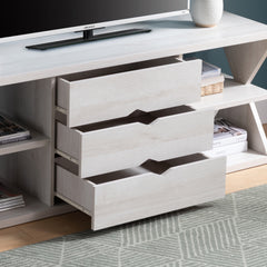 Modern TV Stand with Four Open Shelves and Three Storage Drawers - White Oak