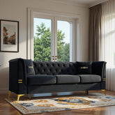FX-P83-BK3 (SOFA WITH 2PILLOWS)-Modern Tufted Velvet Sofa, 82.67" Mid-Century 3-Seater Couch with Gold Metal Legs & Pillows, Elegant Chesterfield-Style Sofa for Living Room, Black