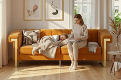 FX-P81-OR2(SOFA)Mid-Century Modern Velvet Sofa, Orange Chesterfield 3-Seater Couch with Vertical Channel Tufting, Metal Trim Arms & Legs, Living Room Upholstered Couch with Deep Seating