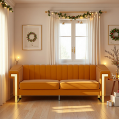 FX-P81-OR2(SOFA)Mid-Century Modern Velvet Sofa, Orange Chesterfield 3-Seater Couch with Vertical Channel Tufting, Metal Trim Arms & Legs, Living Room Upholstered Couch with Deep Seating