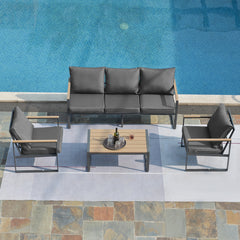Outdoor 4 Pieces Furniture Sets Modern Iron Patio Conversation Sets Sofa w Grey Cushion Faux Wood Grain Frame Coffee Table for Garden Courtyard Poolside