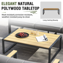Outdoor 4 Pieces Furniture Sets Modern Iron Patio Conversation Sets Sofa w Grey Cushion Faux Wood Grain Frame Coffee Table for Garden Courtyard Poolside