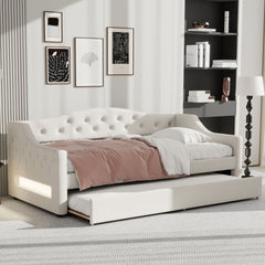 Upholstered Twin XL Size Daybed with LED Belt and Trundle, Beige