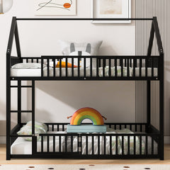 Metal Twin over Twin House Bunk Bed with Fence and Door, Black