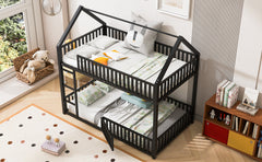 Metal Twin over Twin House Bunk Bed with Fence and Door, Black