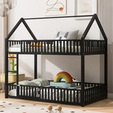 Metal Twin over Twin House Bunk Bed with Fence and Door, Black