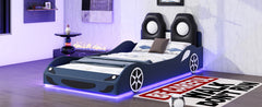 Wood Twin Size Race Car-Shaped Platform Bed with LED and Upholstered Backrest, Blue
