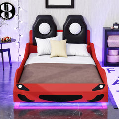 Wood Twin Size Race Car-Shaped Platform Bed with LED and Upholstered Backrest, Red