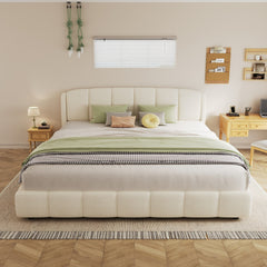 King Size Platform Bed with Boucle, Soft Boucle Fabric Upholstered Platform bed with Curve-Shaped Design Headboard, Beige