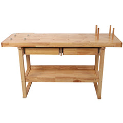 60" Professional Rubberwood Solid Wood Workbench-2 Drawers, Open Shelf, Natural Finish for Garage, Woodworking Carpenter Workshop & Home Use
