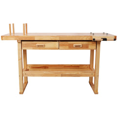 60" Professional Rubberwood Solid Wood Workbench-2 Drawers, Open Shelf, Natural Finish for Garage, Woodworking Carpenter Workshop & Home Use