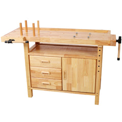 50" Professional Rubberwood Solid Wood Workbench-3 Drawers, 1 Cabinet Door & Open Shelf, Natural Finish for Garage, Woodworking Carpenter Workshop & Home Use