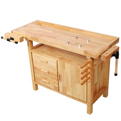 50" Professional Rubberwood Solid Wood Workbench-3 Drawers, 1 Cabinet Door & Open Shelf, Natural Finish for Garage, Woodworking Carpenter Workshop & Home Use
