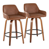 Daniella 26" Contemporary Fixed-Height Counter Stool with Swivel in Walnut Wood and Camel Faux Leather with Round Black Metal Footrest by LumiSource - Set of 2