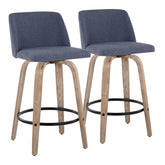Toriano 26" Contemporary Fixed-Height Counter Stool with Swivel in Whitewashed Wood and Blue Fabric with Round Black Metal Footrest by LumiSource - Set of 2