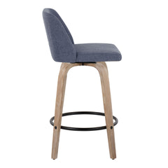 Toriano 26" Contemporary Fixed-Height Counter Stool with Swivel in Whitewashed Wood and Blue Fabric with Round Black Metal Footrest by LumiSource - Set of 2