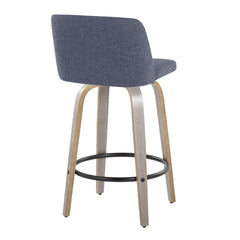 Toriano 26" Contemporary Fixed-Height Counter Stool with Swivel in Light Grey Wood and Blue Fabric with Round Black Metal Footrest by LumiSource - Set of 2