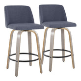 Toriano 26" Contemporary Fixed-Height Counter Stool with Swivel in Light Grey Wood and Blue Fabric with Round Black Metal Footrest by LumiSource - Set of 2