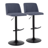 Toriano Contemporary Adjustable Barstool with Swivel in Blue Fabric and Black Metal with Rounded T Footrest by LumiSource - Set of 2