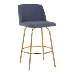 Toriano 26" Contemporary Fixed-Height Counter Stool with Swivel in Blue Fabric and Gold Metal with Round Footrest by LumiSource - Set of 2