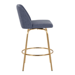 Toriano 26" Contemporary Fixed-Height Counter Stool with Swivel in Blue Fabric and Gold Metal with Round Footrest by LumiSource - Set of 2