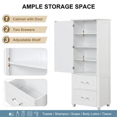 Tall Bathroom Storage Cabinet, Freestanding Storage Cabinet with Two Drawers and Adjustable Shelf, MDF Board with Painted Finish, White (Old Sku:WF312728AAK/N725P241045K)