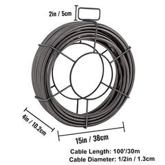 Drain Cleaning Cable 100 Feet x 1/2 Inch Solid Core Cable Sewer Cable Drain Auger Cable Cleaner Snake Clog Pipe Drain Cleaning Cable Sewer Drain Auger Snake Pipe