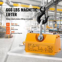 Magnetic Lifter, 660 lbs/300 kg Pulling Capacity, 2.5 Safety Factor, Neodymium & Steel, Lifting Magnet with Release, Permanent Lift Magnets, Heavy Duty Magnet for Hoist, Shop Crane, Block, Board