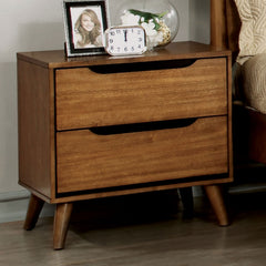 Mid-Century Modern Oak Color 1pc Nightstand Bedroom Furniture Solid wood Round Tapered Legs 2-Drawers Bedside Table