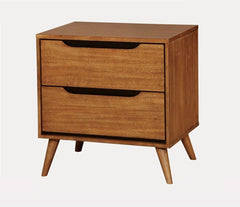 Mid-Century Modern Oak Color 1pc Nightstand Bedroom Furniture Solid wood Round Tapered Legs 2-Drawers Bedside Table
