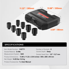 Axle Nut Impact Socket Set 1/2" Drive Deep 6-Point 8PCS SAE Nut Socket