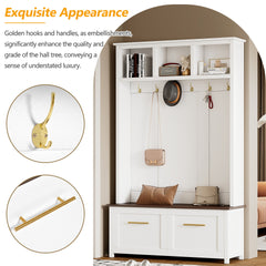 ON-TREND Versatile 4-in-1 Hall Tree with 6 Golden Hooks, Wood Grain Bench with Multiple Storage Space, Entryway Coat Rack with 2 Drawers for Living Room, Hallway, White, 76.6''H (OLD SKU:N721P272898K)