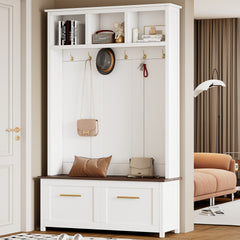 ON-TREND Versatile 4-in-1 Hall Tree with 6 Golden Hooks, Wood Grain Bench with Multiple Storage Space, Entryway Coat Rack with 2 Drawers for Living Room, Hallway, White, 76.6''H (OLD SKU:N721P272898K)