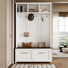 ON-TREND Versatile 4-in-1 Hall Tree with 6 Golden Hooks, Wood Grain Bench with Multiple Storage Space, Entryway Coat Rack with 2 Drawers for Living Room, Hallway, White, 76.6''H (OLD SKU:N721P272898K)