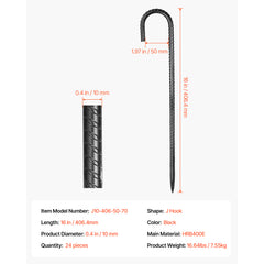 16-Inch 24 Pack Rebar Stakes Heavy Duty J Hook Galvanized Steel Ground Anchors