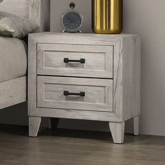 3pc Bedroom Furniture White wash Finish King Size Bed w Shelf Light 2x Nightstands Melamine Top Black Bar Pull