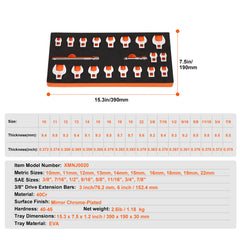 Crowfoot Wrench Set, 3/8" Drive 20-Piece Crows Foot Wrench Set with 2 Extension Bars and EVA Tool Organizer,40CR Material with Mirror Chrome Finish, SAE 3/8"-7/8" and Metric 10-22 mm,