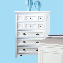 Transitional Style 1pc Chest White Finish 5-Drawers Cup Handle And Round Knobs Felt Line Drawers Ball Bearing Glides